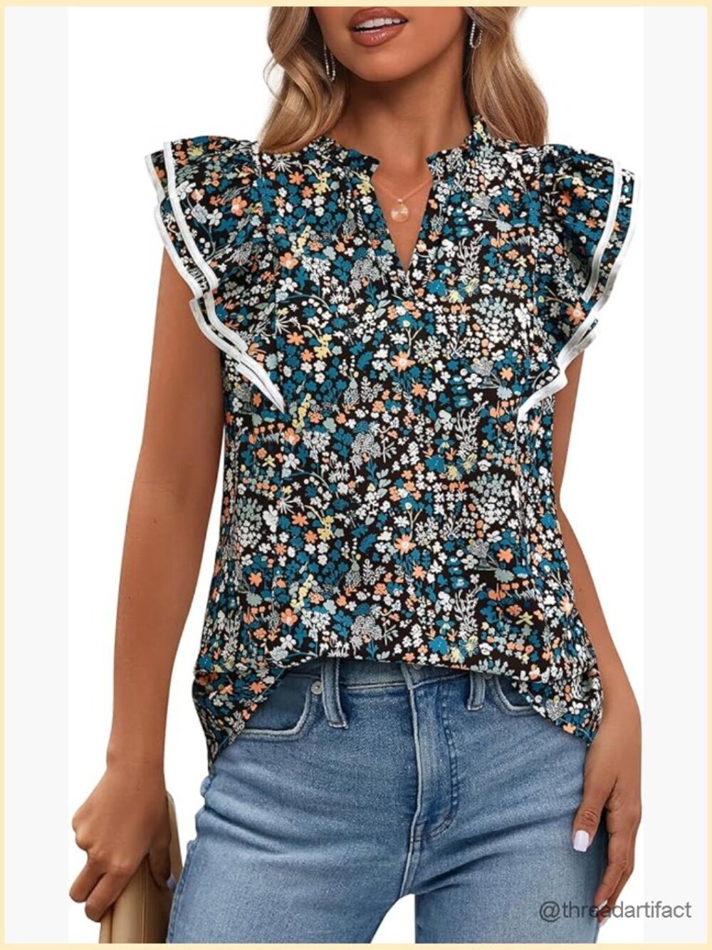 Boho Floral V Neck Ruffle Cap Sleeve Blouse Dressy Casual Work Top
